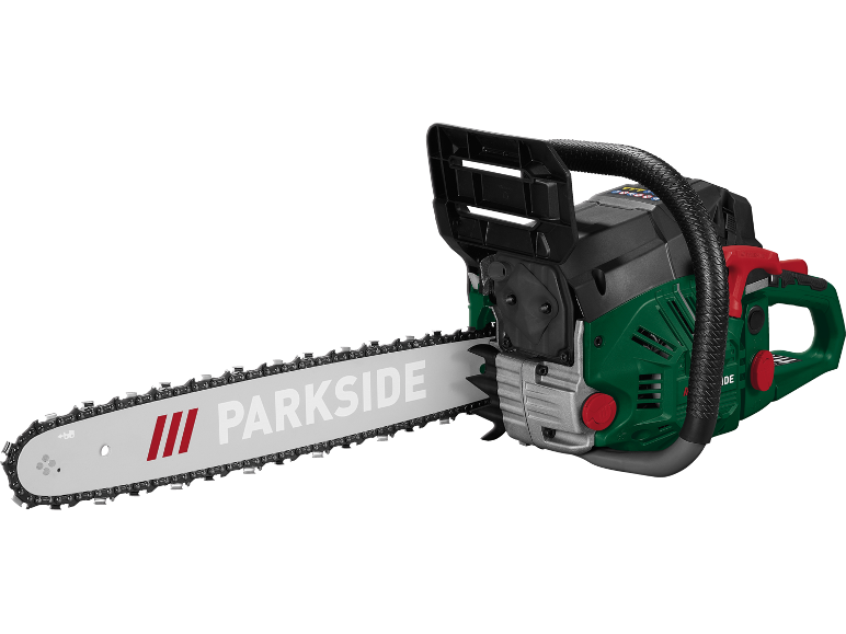 A green and black electric chainsaw with a silver bar and chain, angled right.