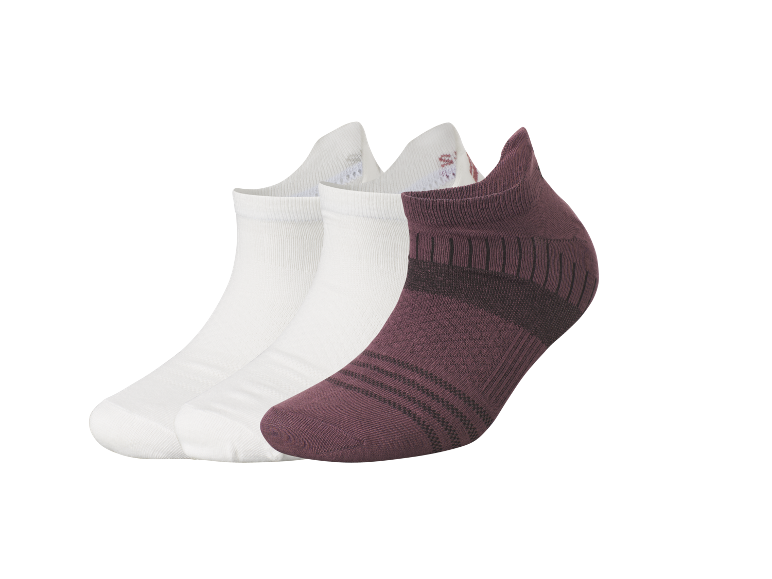 Three pairs of low-cut sports socks, two white and one burgundy.