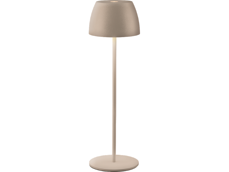 Beige table lamp with a round base and a conical shade.