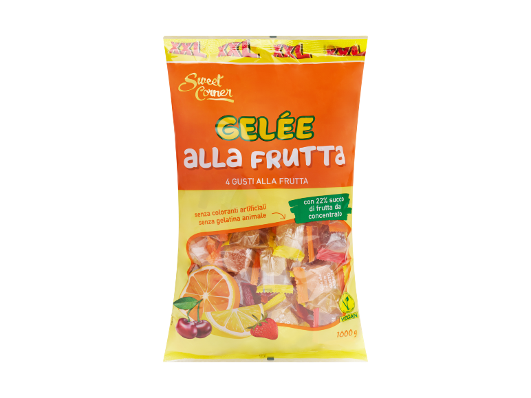 Orange bag of fruit jellies with 4 fruit flavors, no artificial colors or animal gelatin, 1000g.