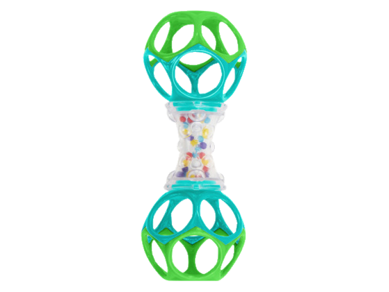 Baby rattle with green and turquoise spheres and colorful beads.