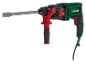 Green and black rotary hammer with chisel, red handle, and power cable.