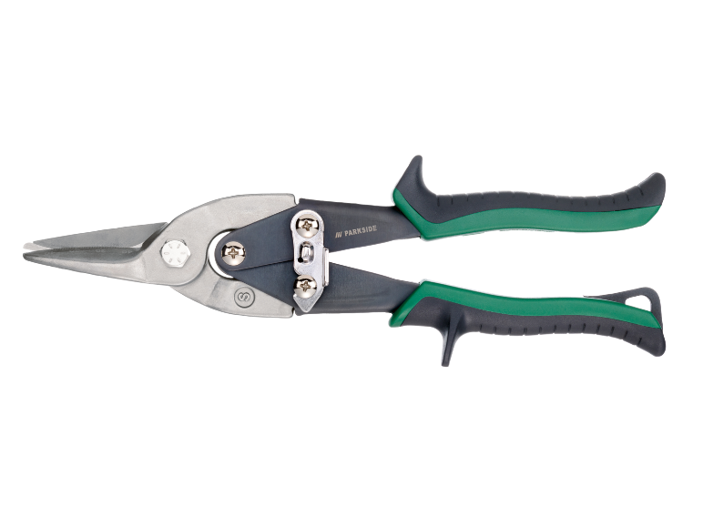 Tin snips with grey blades and green and black handles.