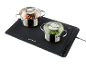Black warming plate with two pots full of food and a control panel with temperature settings.
