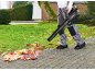 Man using a cordless leaf blower to clear autumn leaves from a paved path.