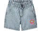Girls' denim shorts with elastic waistband and pink dog application.