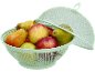 Green mesh fruit basket with apples and pears, with lid.