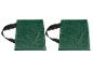 Two green tent weights with black straps.