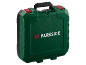 Green tool case with a black handle and red clasps, featuring white text.