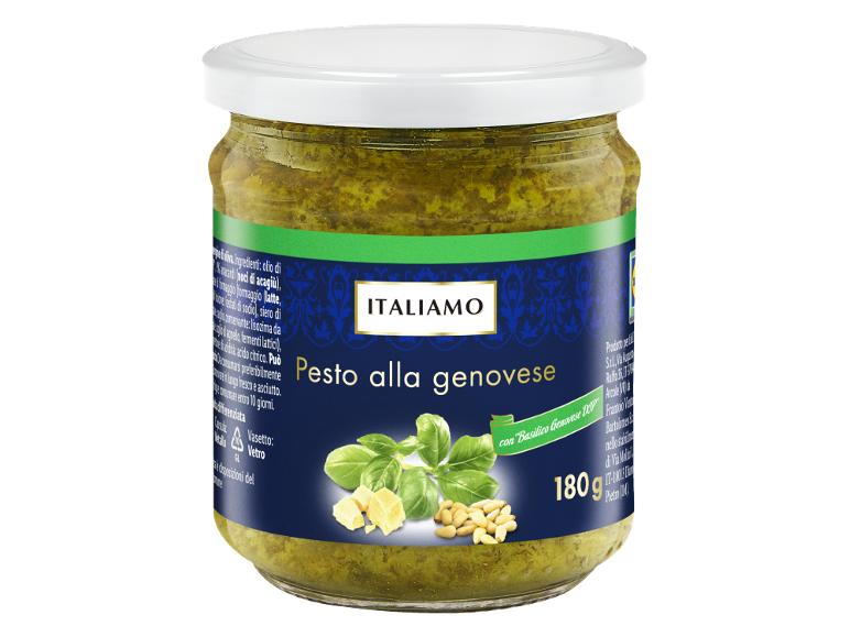 Jar of green pesto alla genovese with basil, cheese, and pine nuts, 180g.