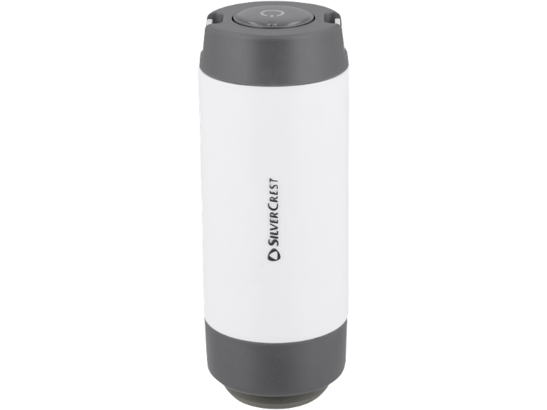 White and grey portable LED lantern with a power button on top.