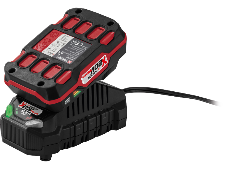 Tool battery and charger, with 'X 20V Team' and '2.4A max' text.
