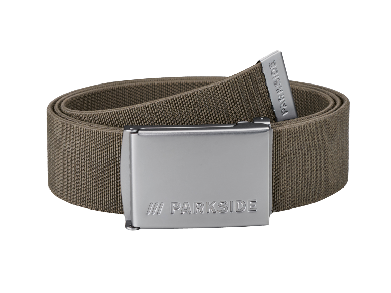 Khaki fabric belt with a silver buckle and the text 'PARKSIDE'.
