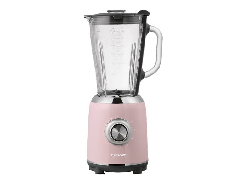 A pink blender with a transparent glass jug and a silver speed dial.