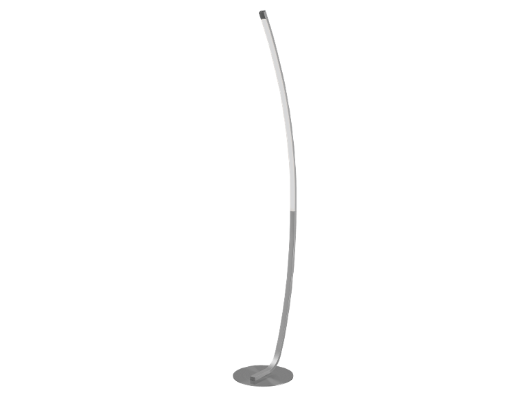 Modern floor lamp with a silver curved pole and a round base.