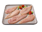 Raw chicken fillets with cherry tomatoes and cucumbers on a tray.