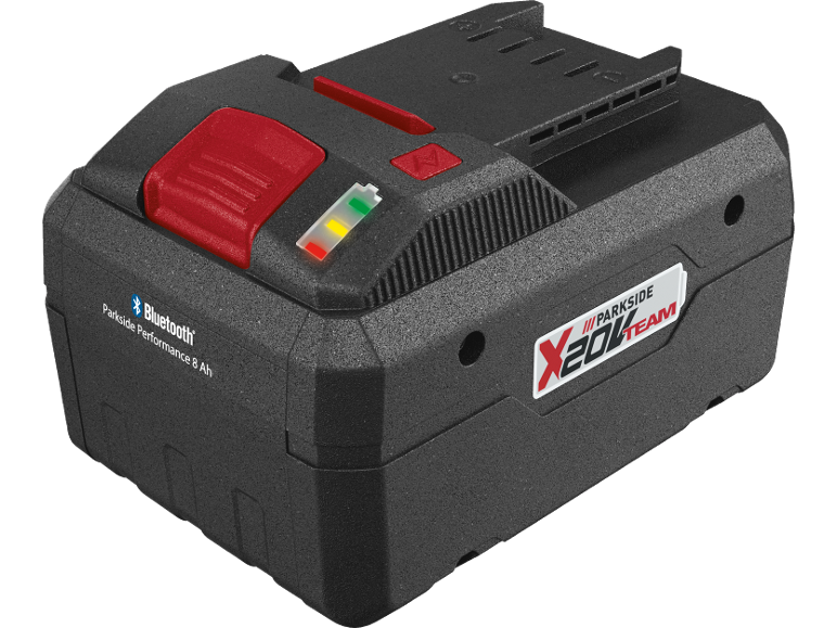 Black power tool battery with a red button and charge indicator