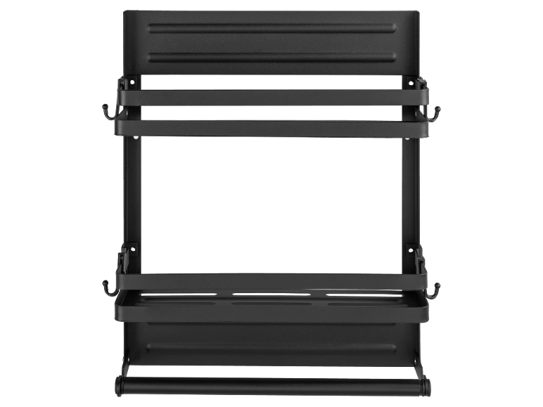 Black magnetic spice rack with paper towel holder.