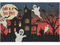 Halloween decoration with a haunted house, ghosts, and the text 'COME IN IF YOU DARE!'