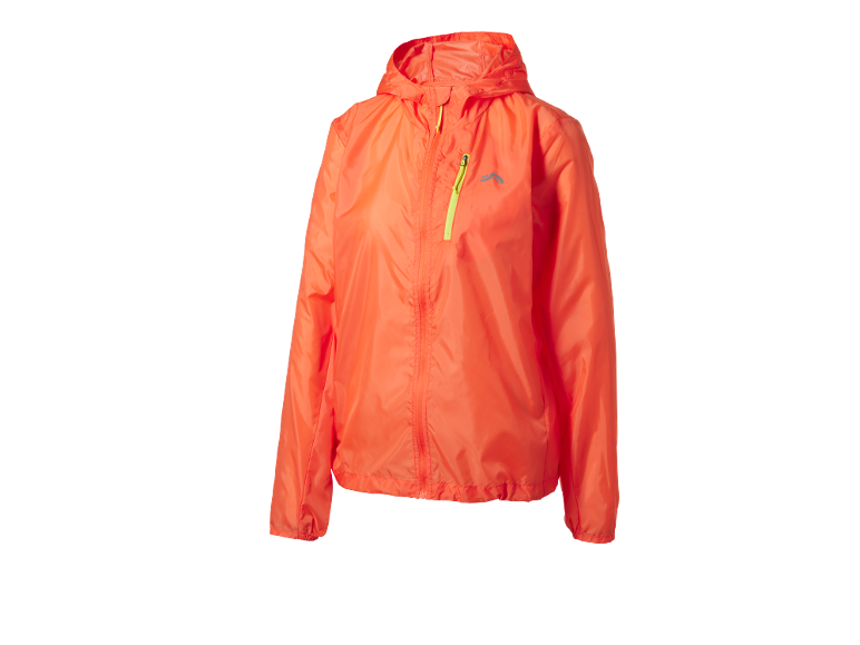 Orange running jacket with a hood and a yellow zipper.