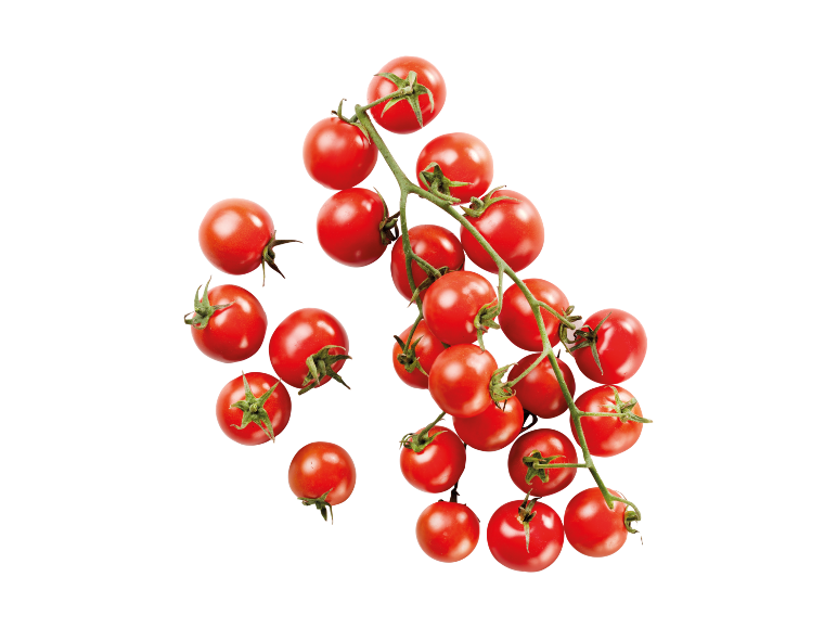 Bright red cherry tomatoes on a vine, against a black background.
