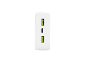 White charger with two USB-A and one USB-C port.