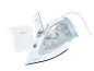 White steam iron with a water jug, featuring a transparent water tank and cord.