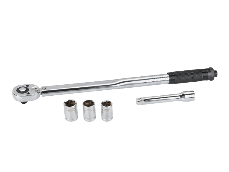 Torque wrench with three sockets and an extension bar.
