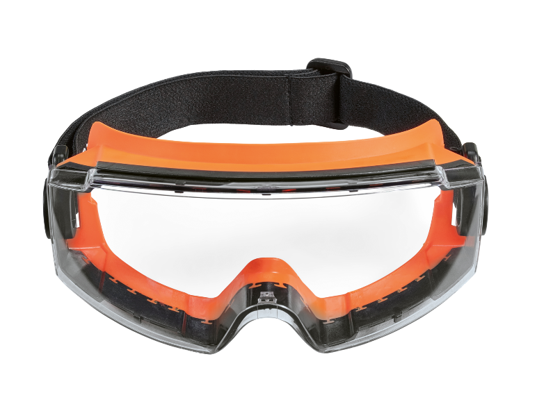 Safety goggles with an orange frame and a black elastic strap.