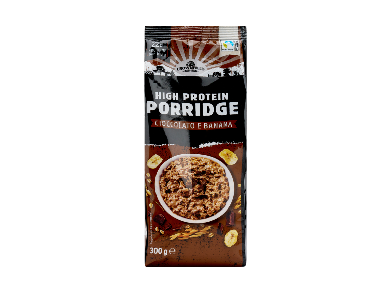 High protein chocolate and banana porridge with 22g of protein per 100g.
