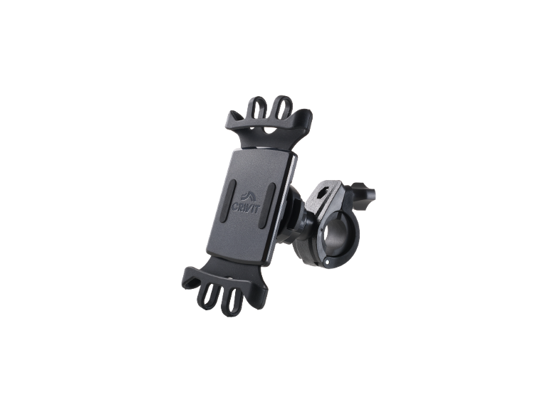 Black bicycle phone holder with a logo.