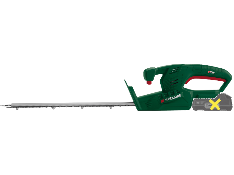 Green electric hedge trimmer with battery, long cutting blade, and ergonomic handle.