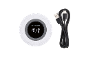 White waterproof Bluetooth speaker with a digital display and a black USB charging cable.