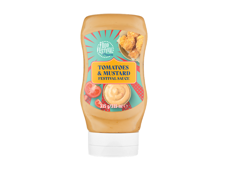 Bottle of Tomatoes & Mustard Festival Sauce with fried chicken and tomatoes, 315g/315ml.