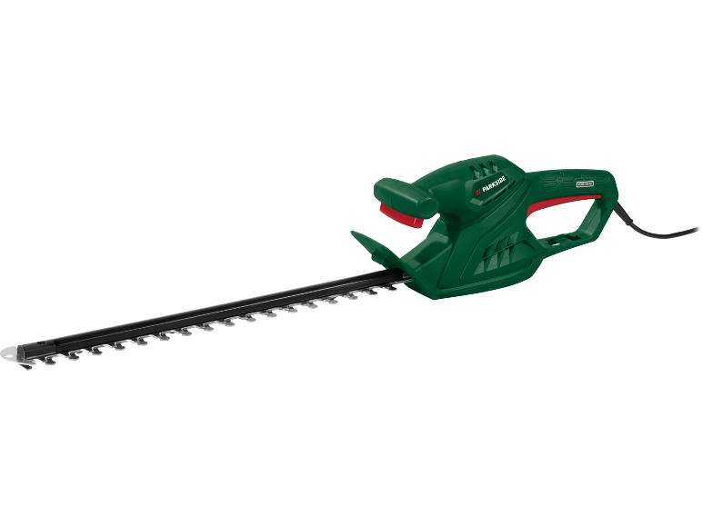Green electric hedge trimmer with a long blade and a black power cable.