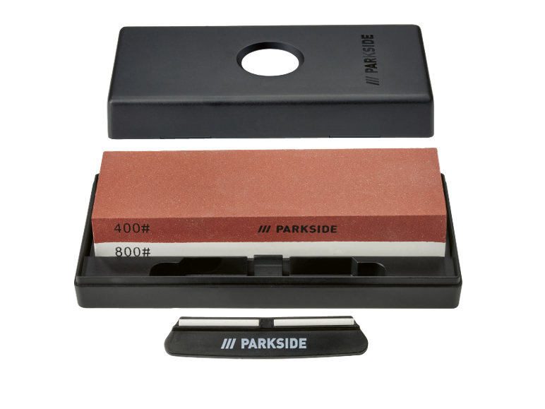 Double-sided sharpening stone with 400# and 800# grit in a black case.