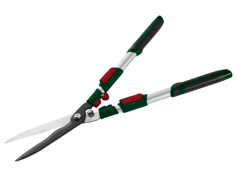 Hedge shears with long handles and green and red details.