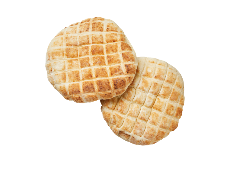 Two round pita breads with a grid pattern, lightly browned.