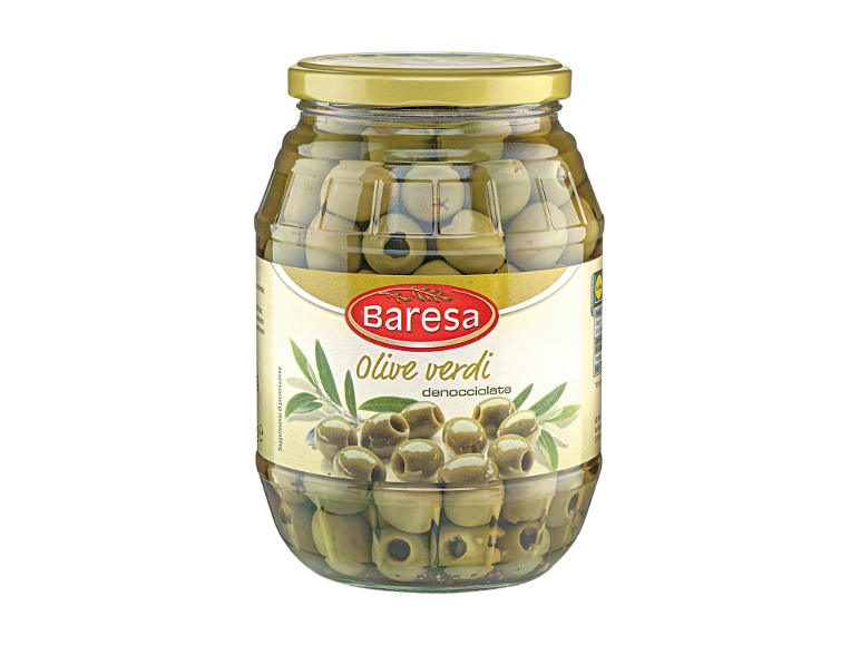 Jar of pitted green olives with a label reading 'Olive verdi denocciolate'.
