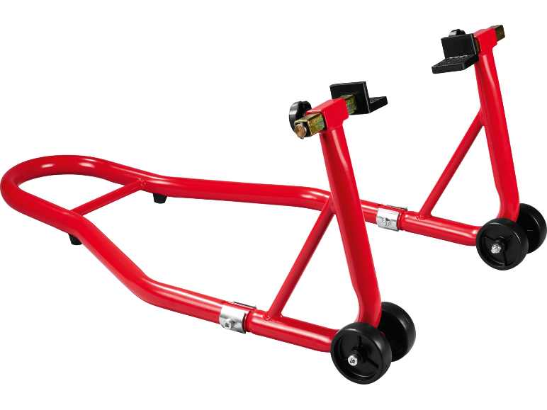 Red motorcycle stand with adjustable supports and wheels.