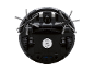 Underside of a black robot vacuum cleaner with side brushes and wheels.