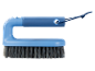 Blue cleaning brush with a short handle and a cord.
