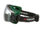 Safety goggles with a green frame and a black elastic strap.