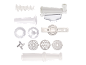 Meat grinder accessories, including sausage stuffer and cookie attachments.