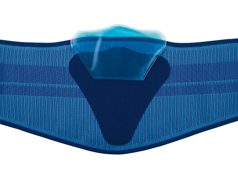 Blue lumbar support belt with a transparent gel pad for cold/hot therapy.