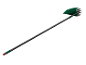 Long-handled fruit picker with a green bag and metal prongs.