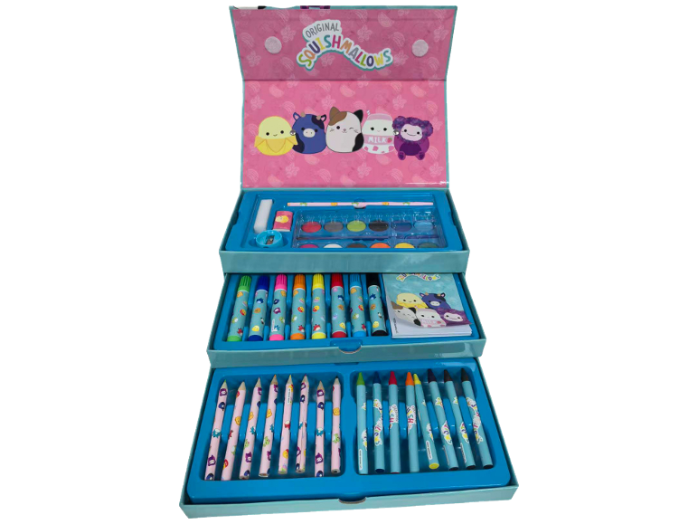 Art set with watercolors, markers, pencils, and crayons, featuring cute characters.