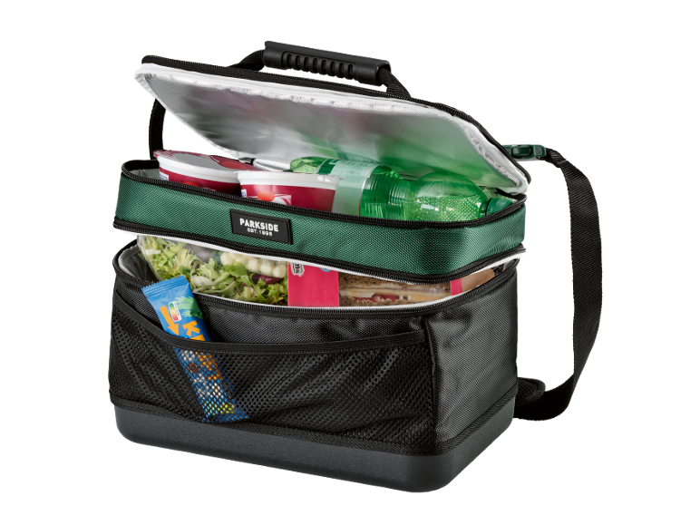 Two-compartment cooler bag filled with food and drinks.