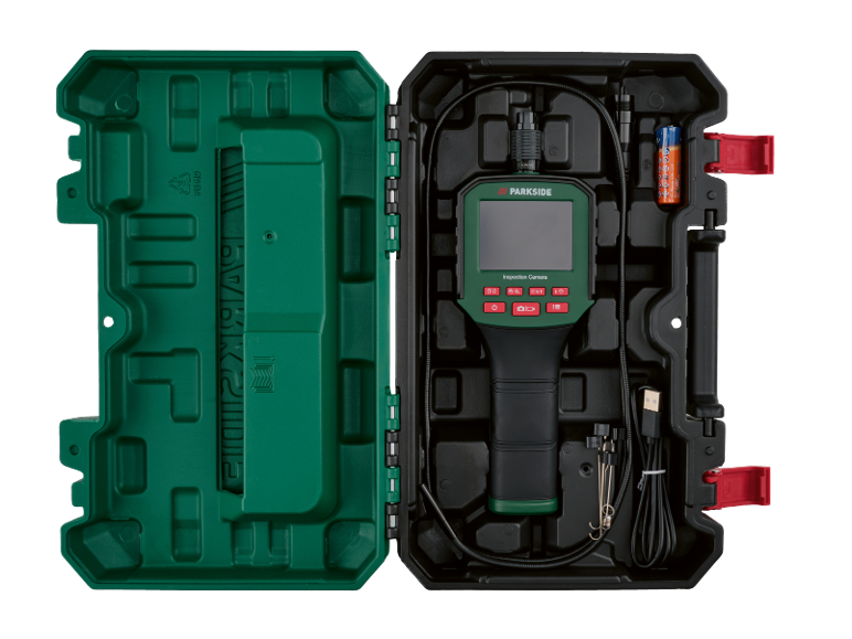 Inspection camera kit in an open case, with batteries and a cable.