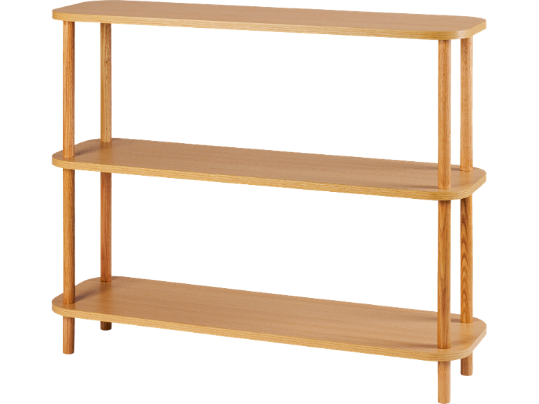 Light wood three-tier shelving unit with rounded edges and cylindrical legs.